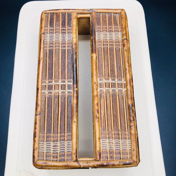 60s Burnt Tortoiseshell Bamboo Tissue Box Cover Midcentury Tiki Boho Bathroom - Picture 3 of 10